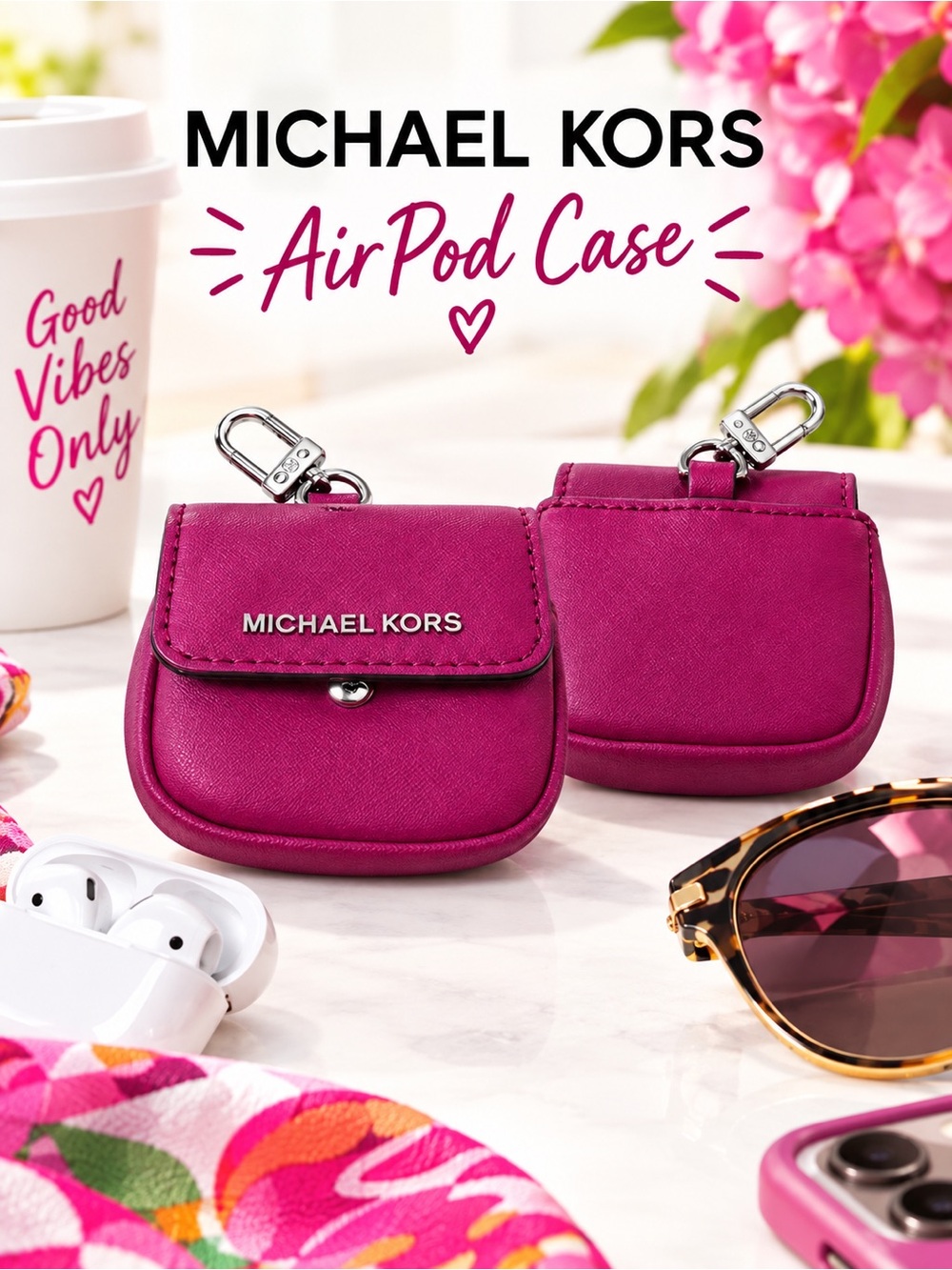 Michael Kors Hot Pink Leather AirPod Case  with Silvertone bag clip EUC